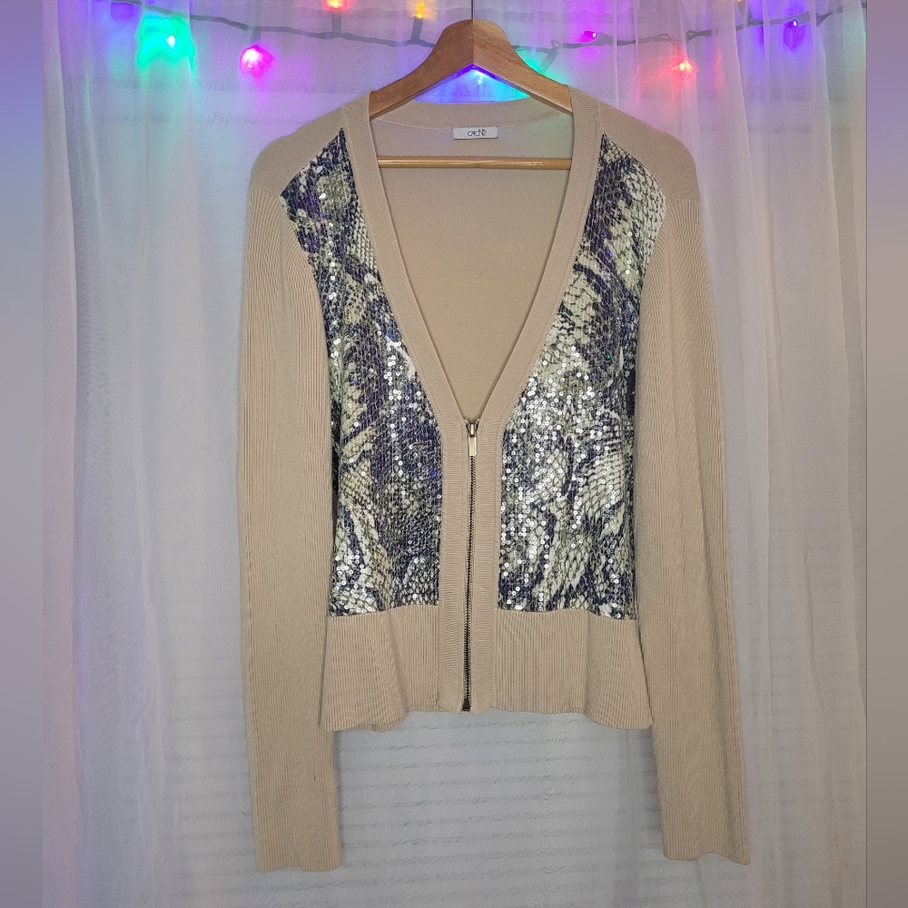 Cache Vintage Front Zip Cardigan Sweater Medium Snake Sequin Embelishment Y2K